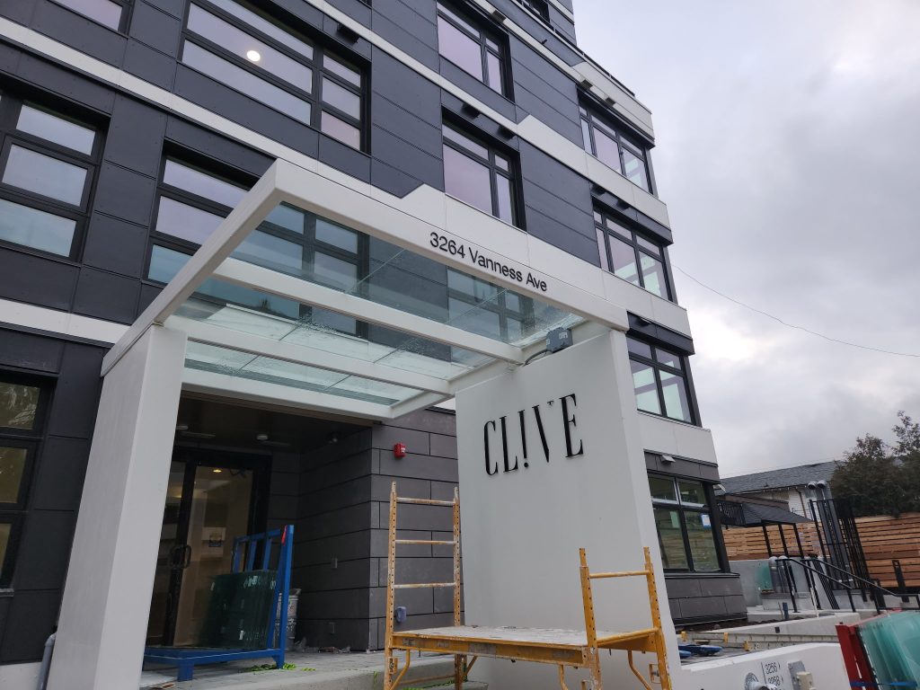 Front entrance of a building reading "Clive"