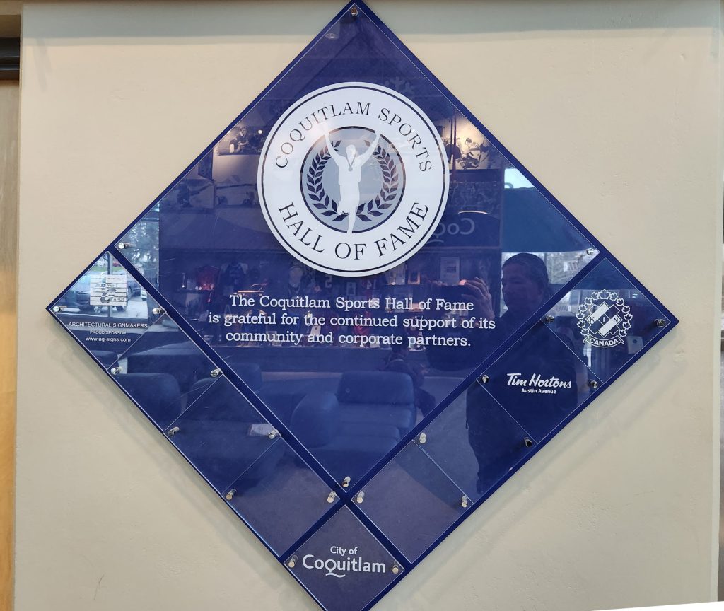 Blue diamond shaped plaque for the Coquitlam Sports Hall of Fame partners.